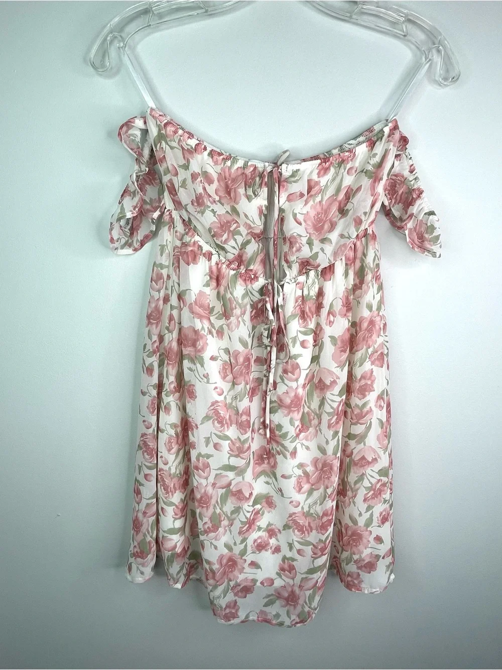 Honey Punch Pink Floral Off-Shoulder Tied Font Mini Dress Size Small
